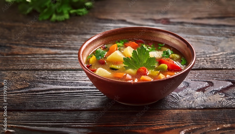 bowl of hearty vegetable soup sits on a wooden table, ready to be served. bowl of hearty vegetable soup sits on a wooden table, ready to be served.