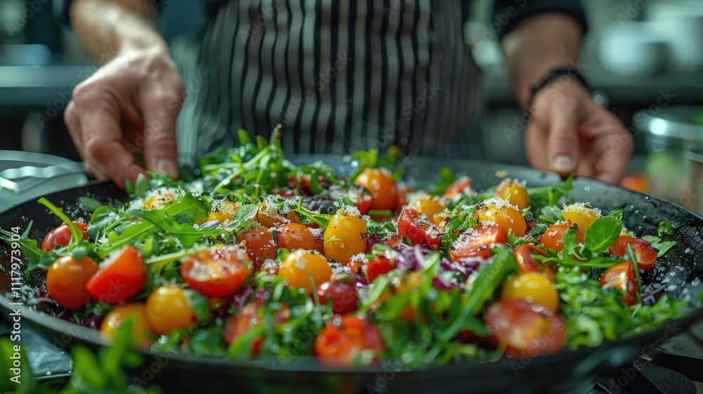 Preparation of a Colorful Salad with Mixed Greens Preparation of a Colorful Salad with Mixed Greens