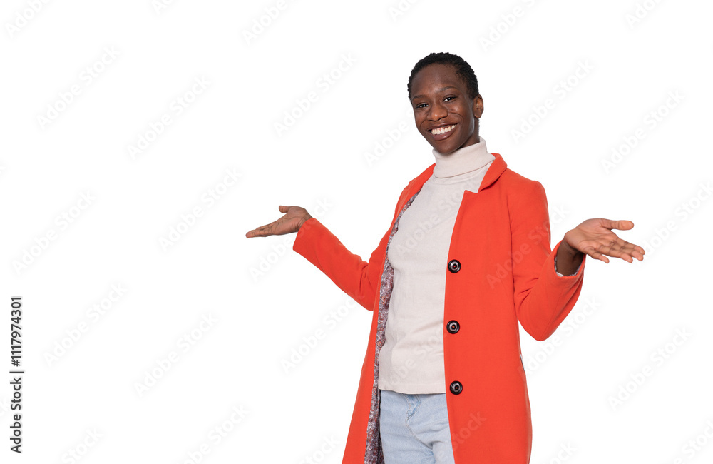 Smiling woman in a vibrant orange coat showcases her style against a plain background Smiling woman in a vibrant orange coat showcases her style against a plain background