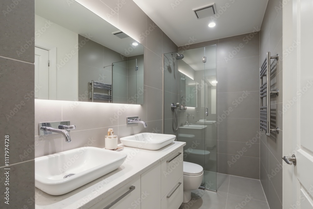 Modern minimalist bathroom design with double sinks and glass shower in neutral tones Modern minimalist bathroom design with double sinks and glass shower in neutral tones