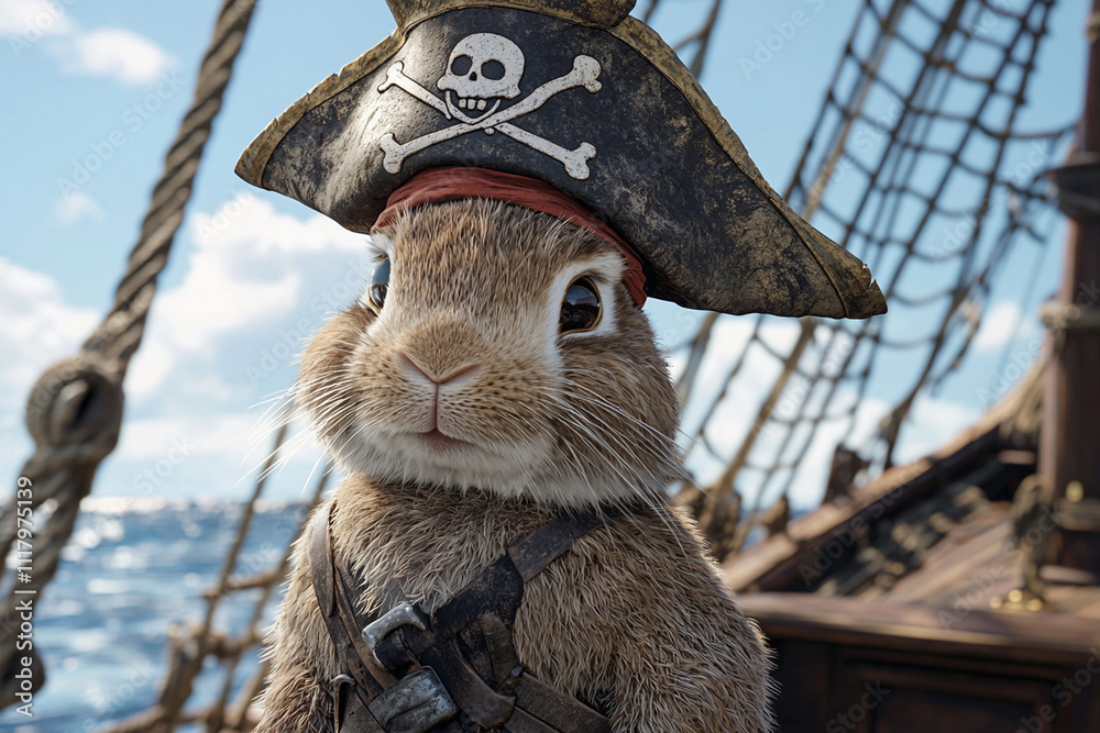 Obraz premium Pirate rabbit on a ship sailing across the ocean waves