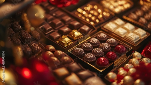 Delicious assortment of artisanal chocolates displayed beautifully for an elegant treat experience photo