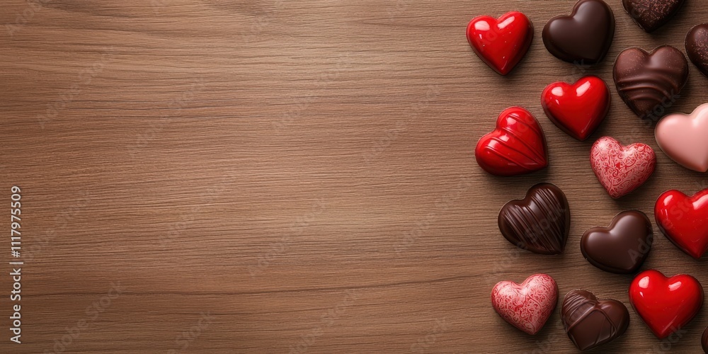 Delicious Assortment of Heart Shaped Chocolates on a Rustic Wooden Background Perfect for Celebrating Love and Special Occasions Delicious Assortment of Heart Shaped Chocolates on a Rustic Wooden Background Perfect for Celebrating Love and Special Occasions