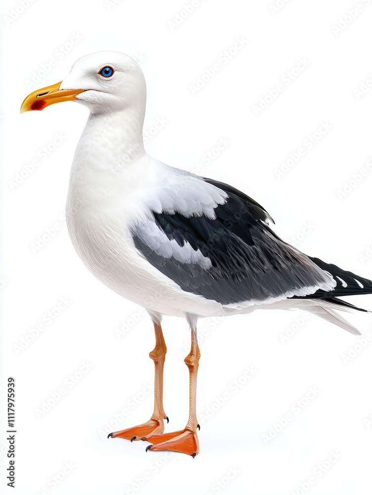 Elegant Seagull Standing Upright Against a Pure White Background Elegant Seagull Standing Upright Against a Pure White Background