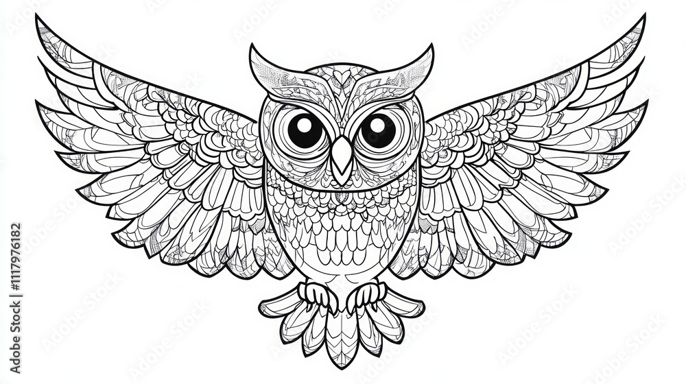 Obraz premium Ornate detailed line art drawing of an owl in flight.