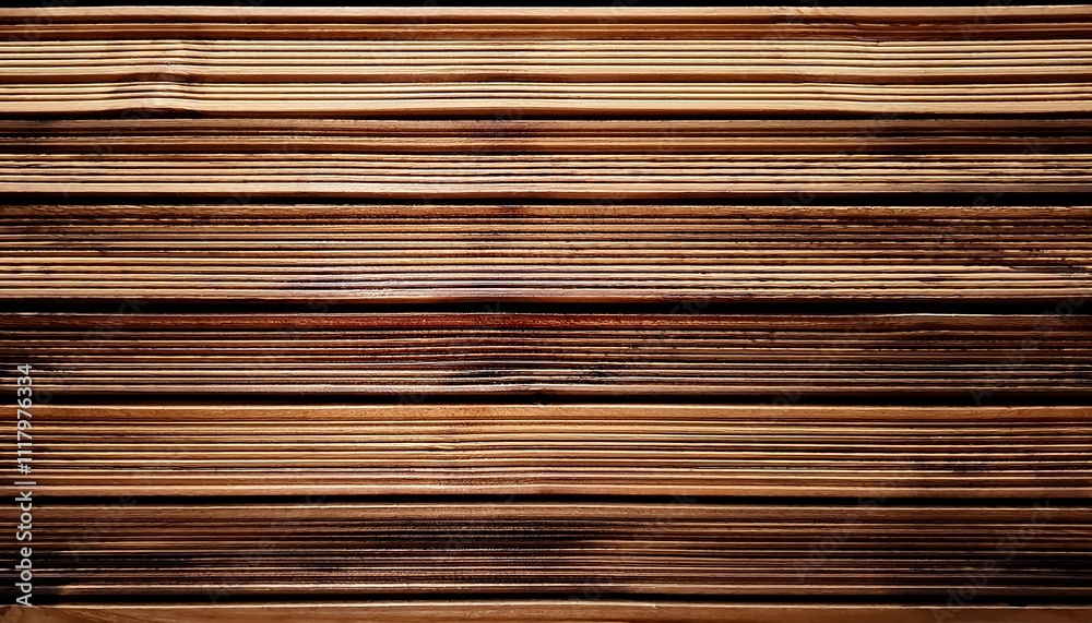 Horizontal light brown wood slats on a black background, creating a linear pattern. Horizontal light brown wood slats on a black background, creating a linear pattern.