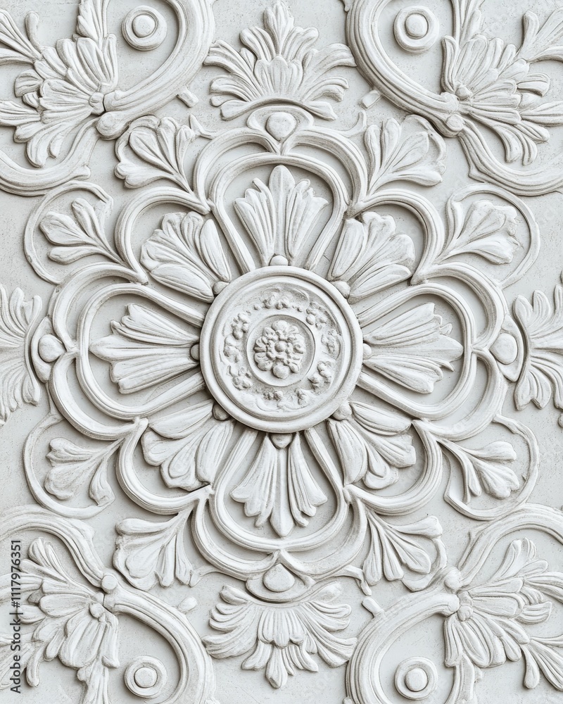 Obraz premium White relief, ornate floral pattern, decorative design.