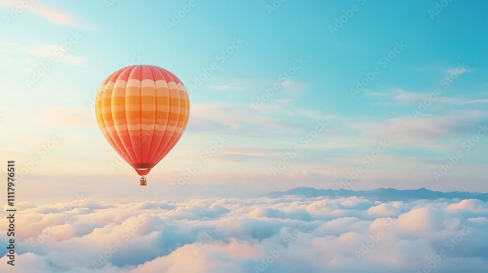 Obraz premium A colorful hot air balloon floats serenely above a sea of clouds under a bright blue sky, capturing the essence of adventure and tranquility.