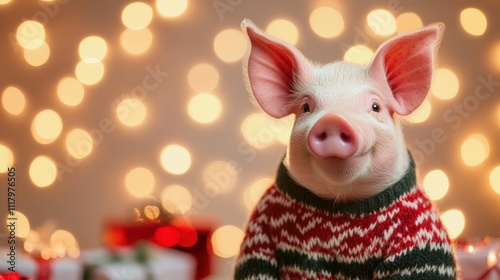 Cute pig in a festive sweater with holiday decorations 