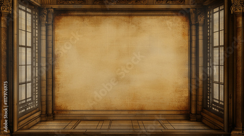 Ornate vintage interior backdrop with aged parchment walls and decorative wooden columns and windows