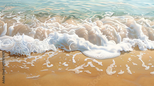 Foamy white waves gently washing onto light beige sand.

