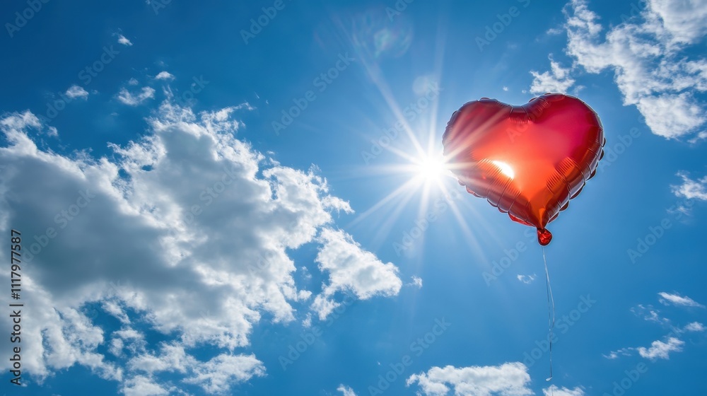 Fototapeta premium Bright heart-shaped balloon floats against a sunny sky with fluffy clouds. Perfect for Valentine's Day 
