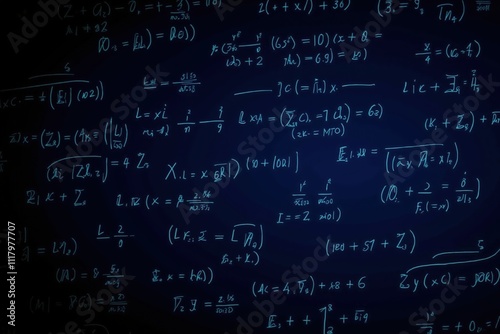 Complex mathematical equations on a dark chalkboard reflected in low light ambiance