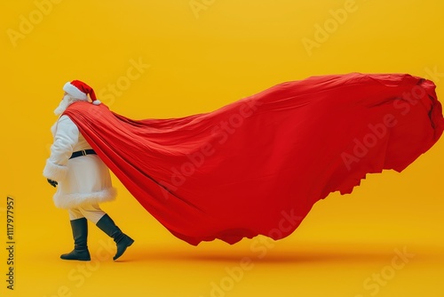 A man dressed as Santa is walking with a red cape. The cape is long and flowing, giving the impression of a powerful and majestic figure. The yellow background adds a warm photo