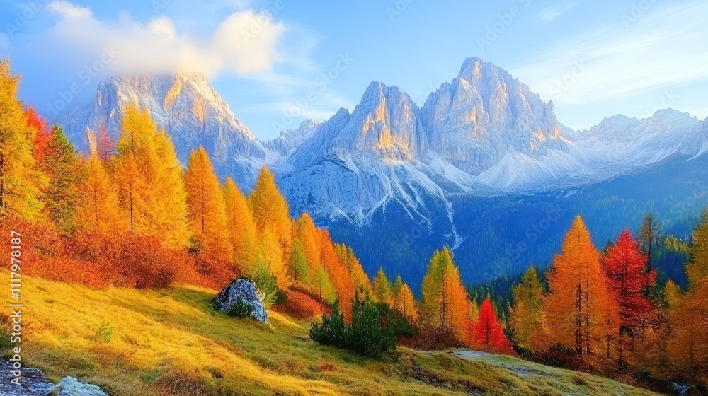 Fototapeta premium A vibrant autumn landscape featuring mountains and colorful trees under a clear blue sky.