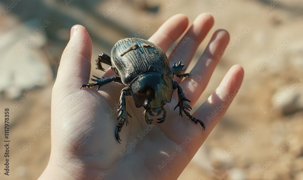 Obraz premium A shiny beetle rests on an open hand in a natural outdoor setting, reflecting the beauty of wildlife connection, curiosity, and gentle exploration of nature's creatures