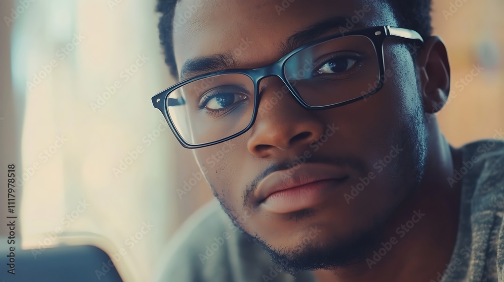 Portrait of a young African-American man wearing glasses while working from home and using a laptop, with copy space Portrait of a young African-American man wearing glasses while working from home and using a laptop, with copy space