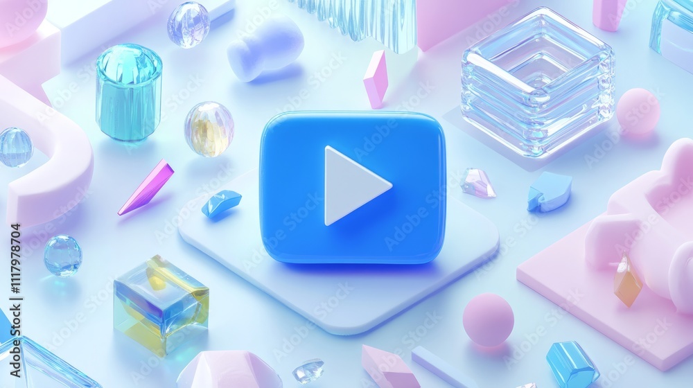 Play button icon amidst pastel geometric shapes and glass objects. Play button icon amidst pastel geometric shapes and glass objects.