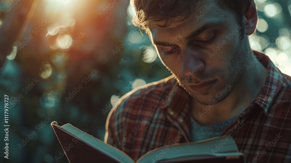 A man engrossed in reading a book Outdoors surrounded by the soft warm glow Of the Sun with his face illuminated by the light. A man engrossed in reading a book Outdoors surrounded by the soft warm glow Of the Sun with his face illuminated by the light.