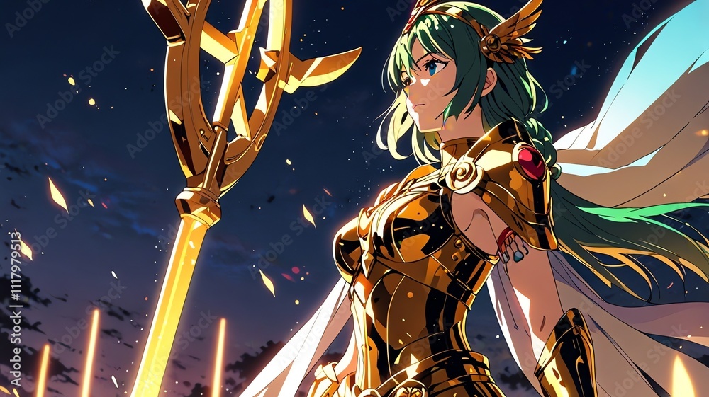 Fototapeta premium A digital painting of a female character in golden armor with a staff is shown