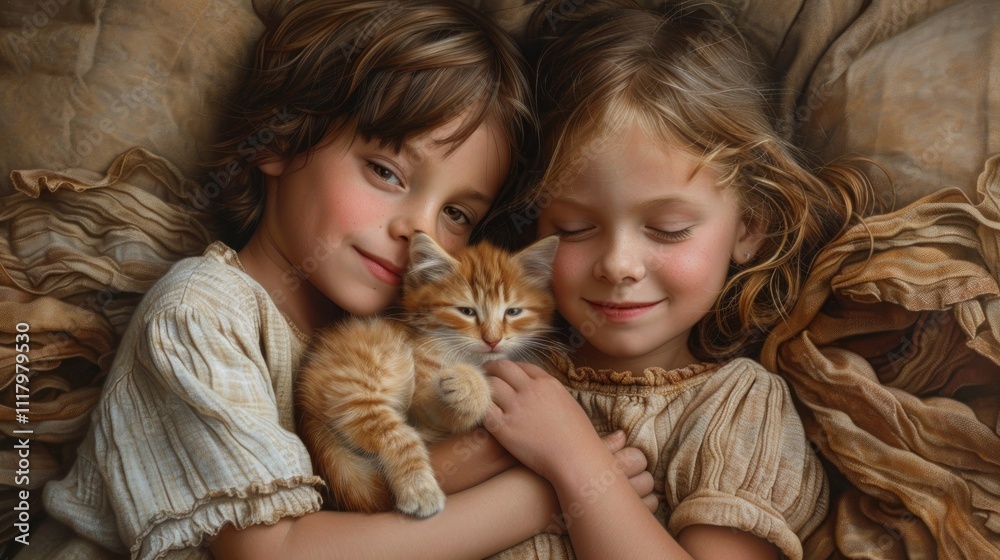 Portrait of Siblings Embracing in Delight Holding Portrait of Siblings Embracing in Delight Holding