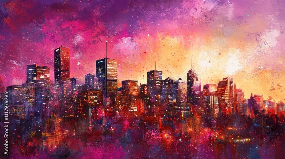 Obraz premium A vibrant city skyline at sunset, showcasing colorful lights and abstract artistic elements.
