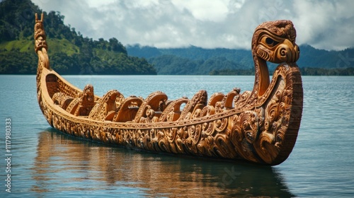 A powerful depiction of a traditional Maori canoe (waka) adorned with intricate carvings, symbolizing journey and heritage. photo