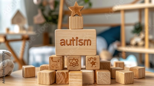 Wooden blocks spelling autism arranged creatively in a bright playroom filled with educational toys photo