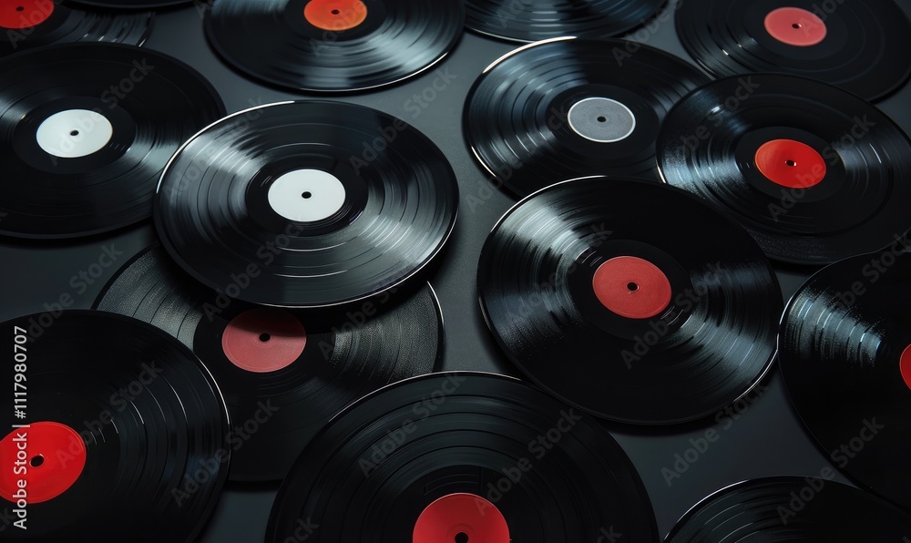 A vibrant array of colorful vinyl records scattered, showcasing an artistic and playful arrangement that captures the spirit of retro music culture and timeless design.