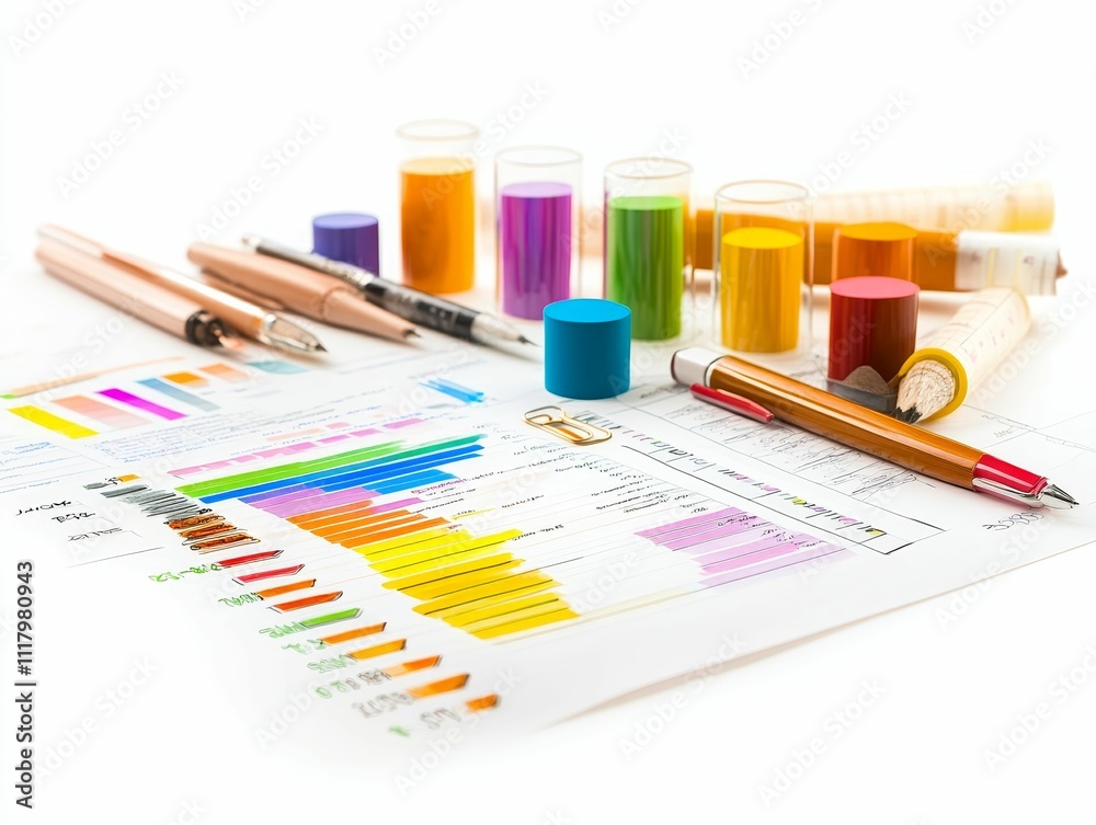 Colorful chart, writing tools, and sample containers. Colorful chart, writing tools, and sample containers.