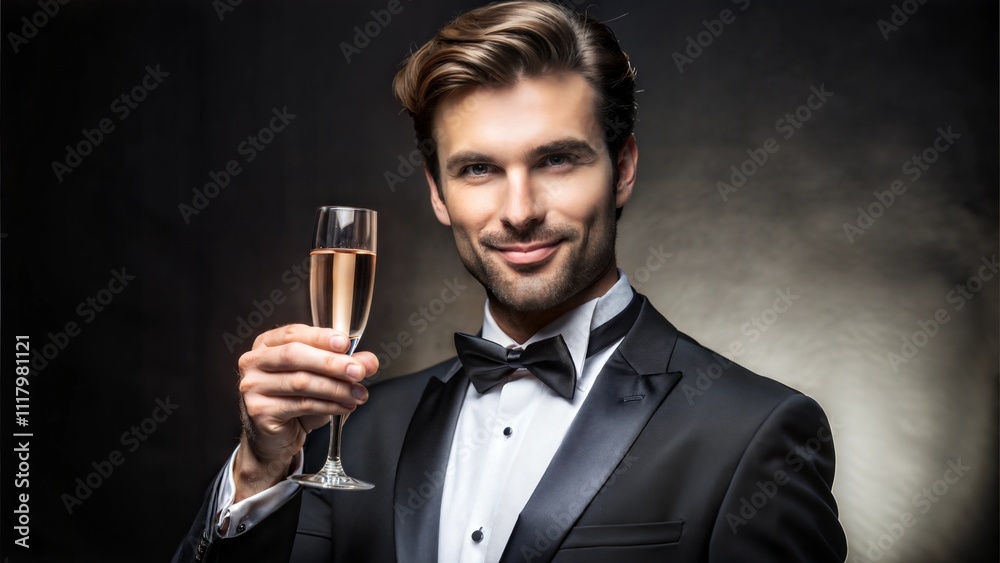 Elegant gentleman raises a glass of champagne in celebration during a sophisticated evening event Elegant gentleman raises a glass of champagne in celebration during a sophisticated evening event
