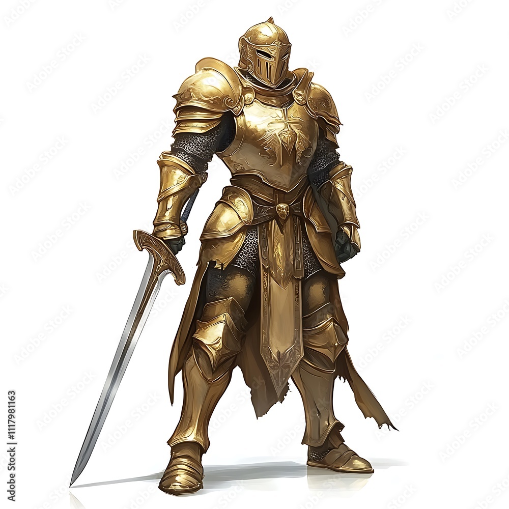 Anime paladin in golden armor with a sword on a white background Anime paladin in golden armor with a sword on a white background