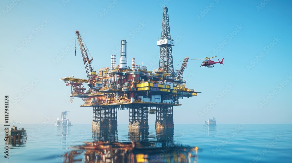 A giant offshore oil platform standing in the middle of the ocean. The structure features towering cranes, pipelines and storage tanks AI generated image A giant offshore oil platform standing in the middle of the ocean. The structure features towering cranes, pipelines and storage tanks AI generated image