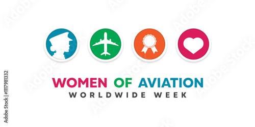 Women of Aviation Worldwide Week. Women, plane, medal and heart. Great for cards, banners, posters, social media and more. White background.  
