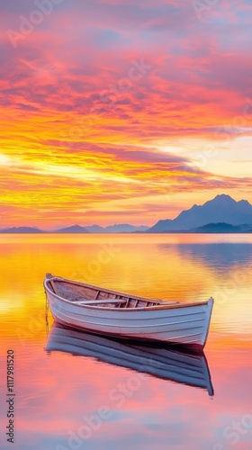 A peaceful scene featuring a small white boat floating on calm waters during a vibrant sunset with colorful skies and distant mountains.