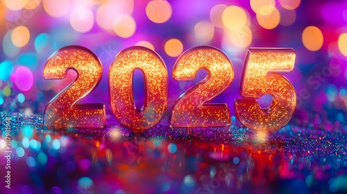 Golden Glittery 3D Number 2025 on Colorful Bokeh Lights and Sparkles Background