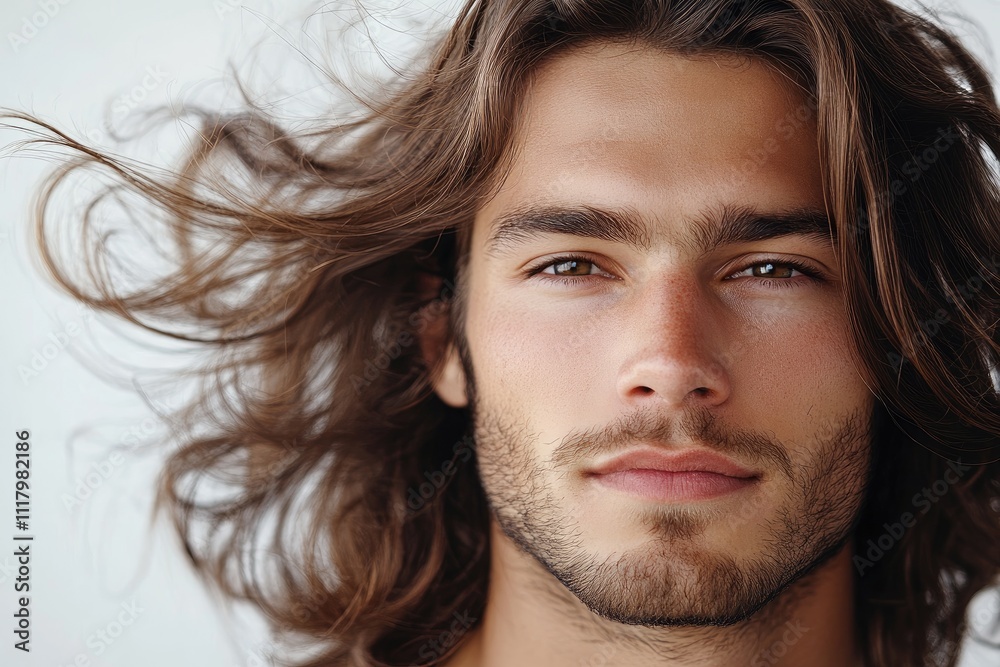 Portrait of handsome young man with long brown hair flowing in wind