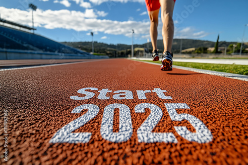 a runner at the starting line with Start 2025 written on it, ready to run in an outdoor track and field stadium. 