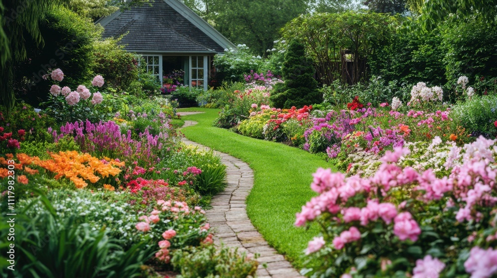 National Mail Order Gardening Picturesque garden pathway lined with colorful blossoms and lush greenery National Mail Order Gardening Picturesque garden pathway lined with colorful blossoms and lush greenery