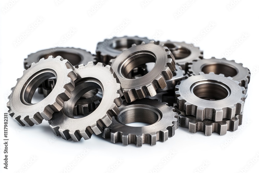 Metal gears interlocking, creating a complex mechanical system Metal gears interlocking, creating a complex mechanical system
