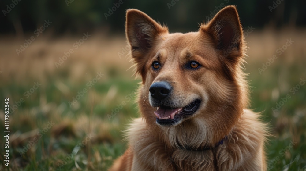 Friendly golden dog in grassy field. Friendly golden dog in grassy field.
