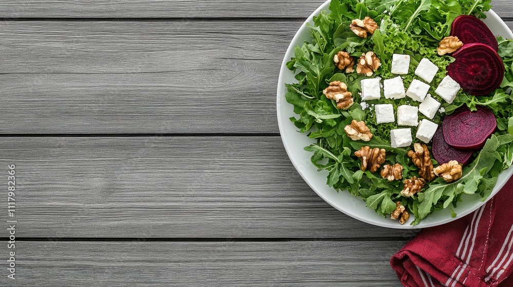 Delicious plate showcases colorful beets, creamy feta, and crunchy walnuts, set against a rustic wood background with green leaves Delicious plate showcases colorful beets, creamy feta, and crunchy walnuts, set against a rustic wood background with green leaves