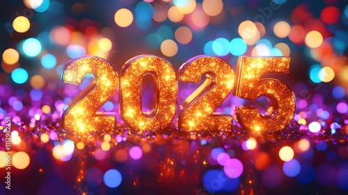 Golden Glittery 3D Number 2025 on Colorful Bokeh Lights and Sparkles Background