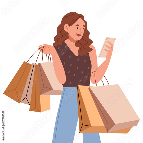 Online shopping. Stylish girl looking at phone and holding shopping bags.woman carrying bags shopping online with mobile phone