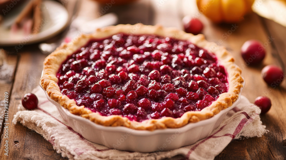Festive Turkey-Free Delicious homemade cranberry pie on rustic wooden table Festive Turkey-Free Delicious homemade cranberry pie on rustic wooden table