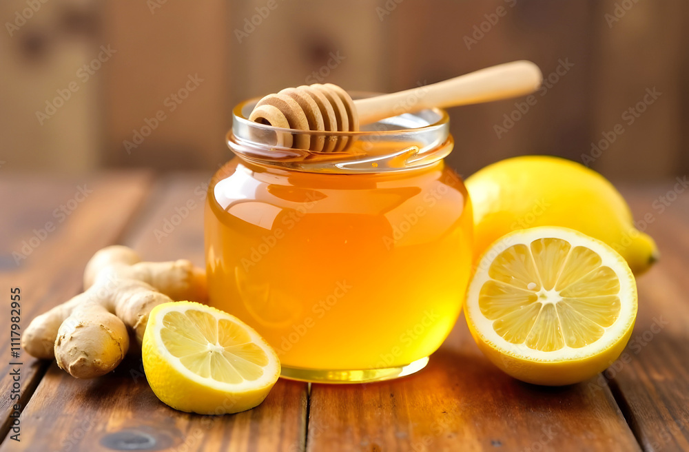 A vibrant composition of honey, lemon, and ginger displayed on a rustic wooden table. Perfect for natural remedy blogs and culinary websites, and illness concept. Selective focus A vibrant composition of honey, lemon, and ginger displayed on a rustic wooden table. Perfect for natural remedy blogs and culinary websites, and illness concept. Selective focus