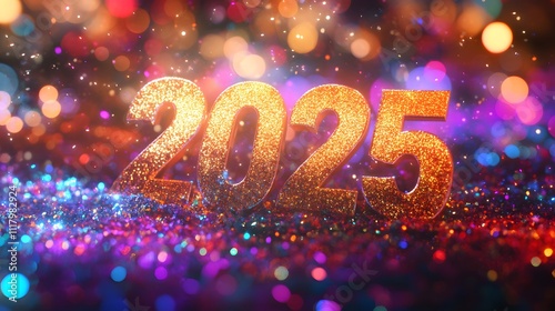 Golden Glittery 3D Number 2025 on Colorful Bokeh Lights and Sparkles Background