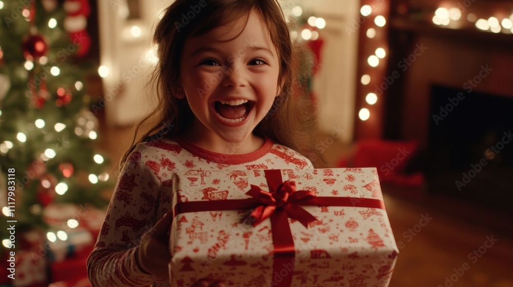 Christmas Girl Excitedly Holding Gift Christmas Girl Excitedly Holding Gift