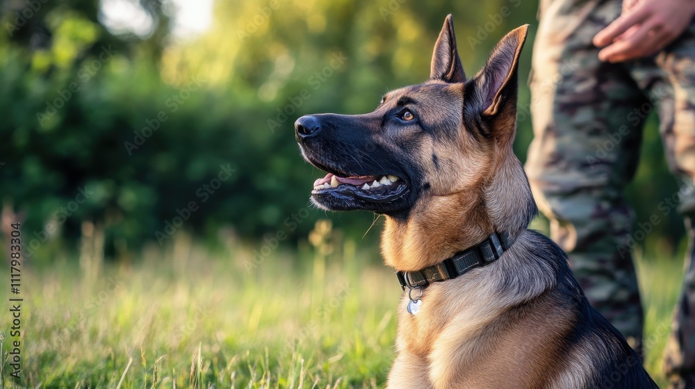 Fototapeta premium National Train Your Dog Month Alert german shepherd dog outdoors with male owner in camouflage pants