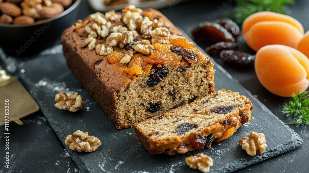Tubers and Dried Fruit Month Freshly baked fruit and nut loaf with apricots and walnuts on slate board Tubers and Dried Fruit Month Freshly baked fruit and nut loaf with apricots and walnuts on slate board